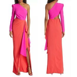 Michael Costello Collection Evelyn One-Shoulder Colorblocked Draped Gown US 10 $